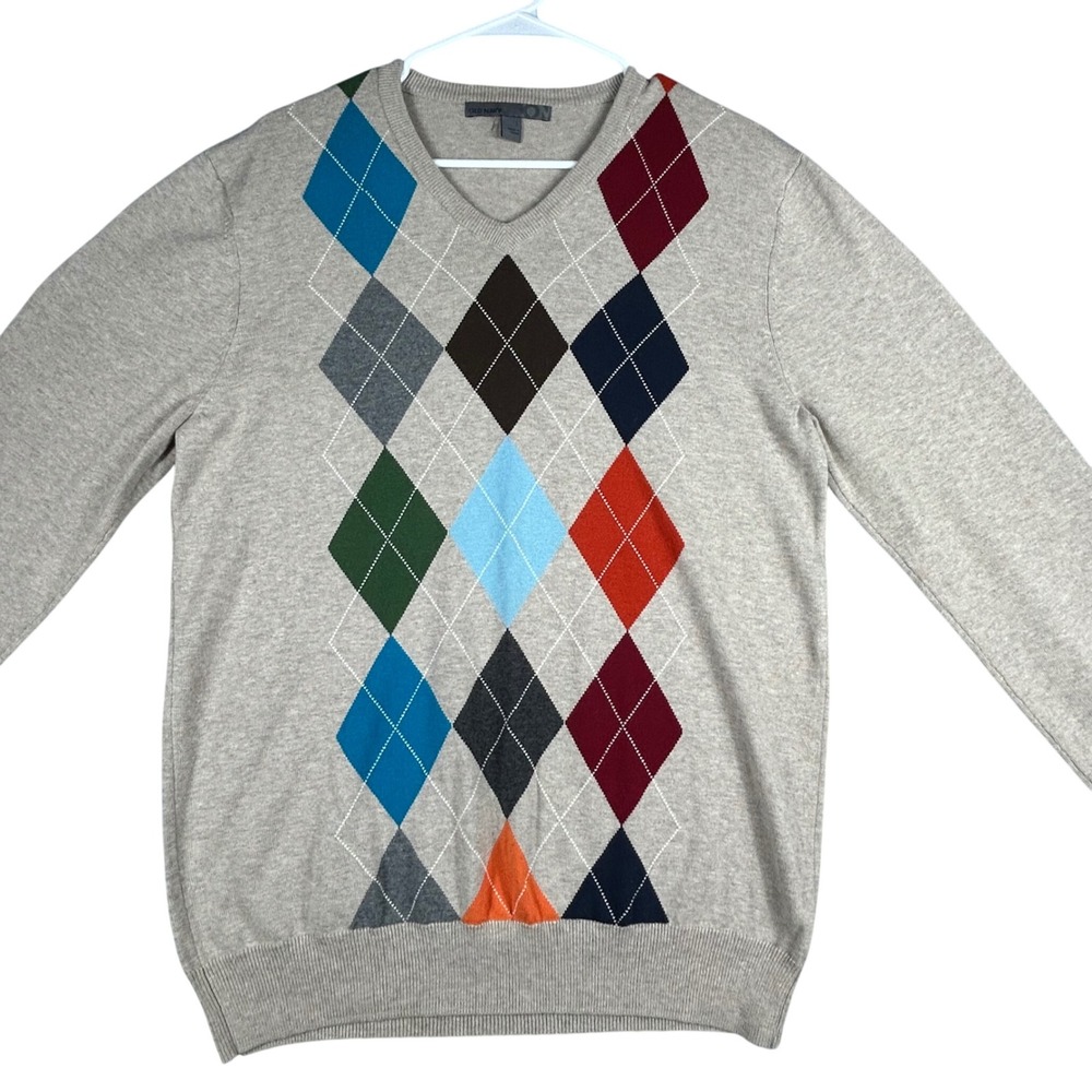 Old Navy Mens Argyle V Neck‎ Sweater Size L Beige Blue Red Green Classic